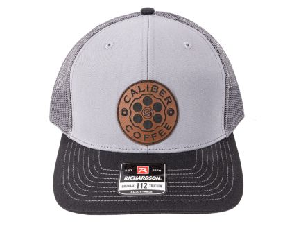 Caliber Coffee Richardson Hat w/ Leather Round Logo, Black/Grey