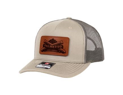 PSA Leather Patch Richardson 5 Panel Trucker Hat, Pale Khaki/ Loden