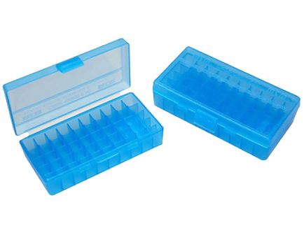 MTM Case Gard P-50 9mm/.30/.32 S&W/.380 ACP/9mm Makarov 50 Round Flip-Top Ammo Box, Clear Blue - P509M24