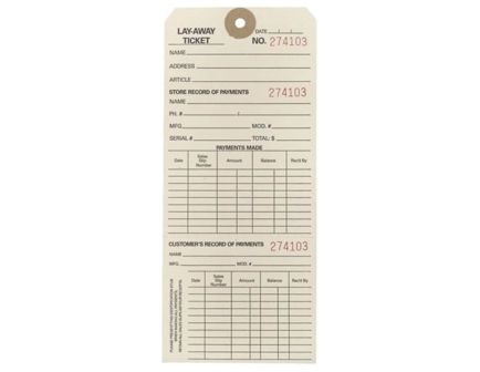 Brownells 3.13" x 7.25" Lay-A-Way Ticket, White Pack of 100